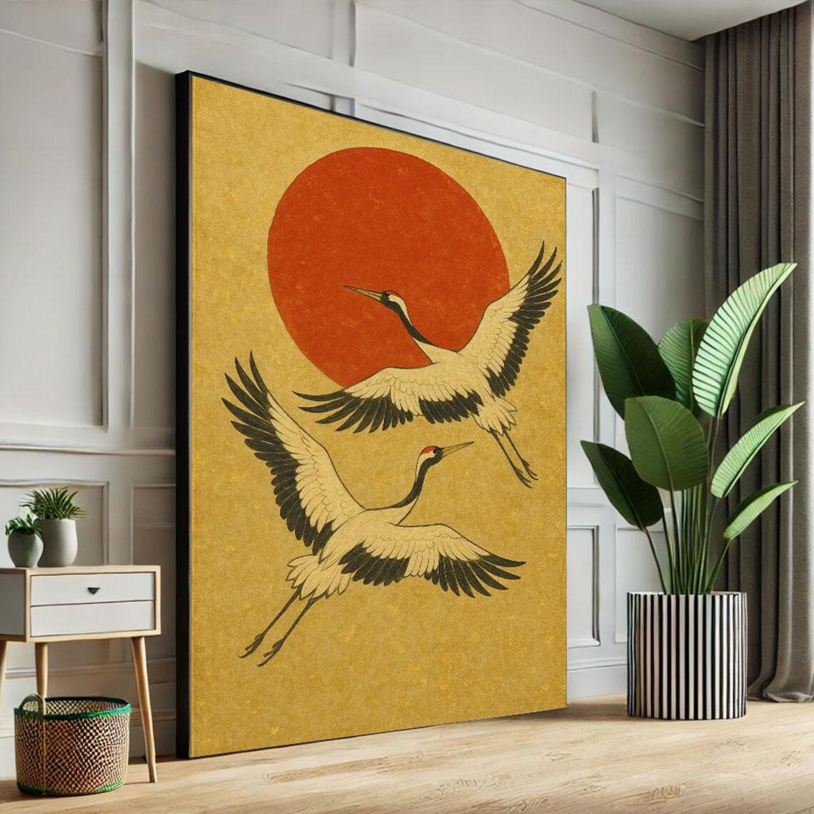 Two Cranes Flying Past Red Sun Gold Japanese Style Nature Poster