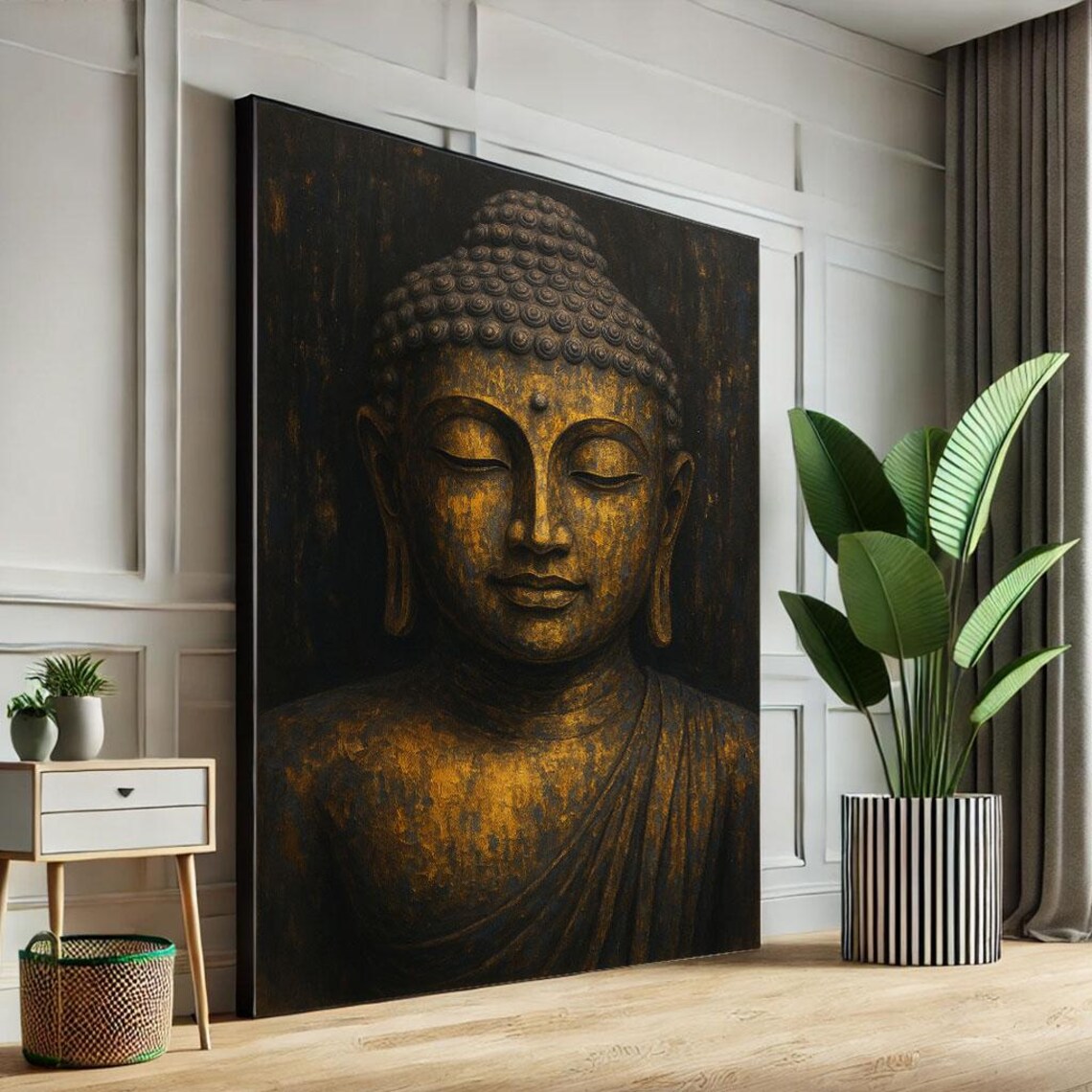 Bronze Buddha Head On Black With Gold Patina Serene Zen Art Poster