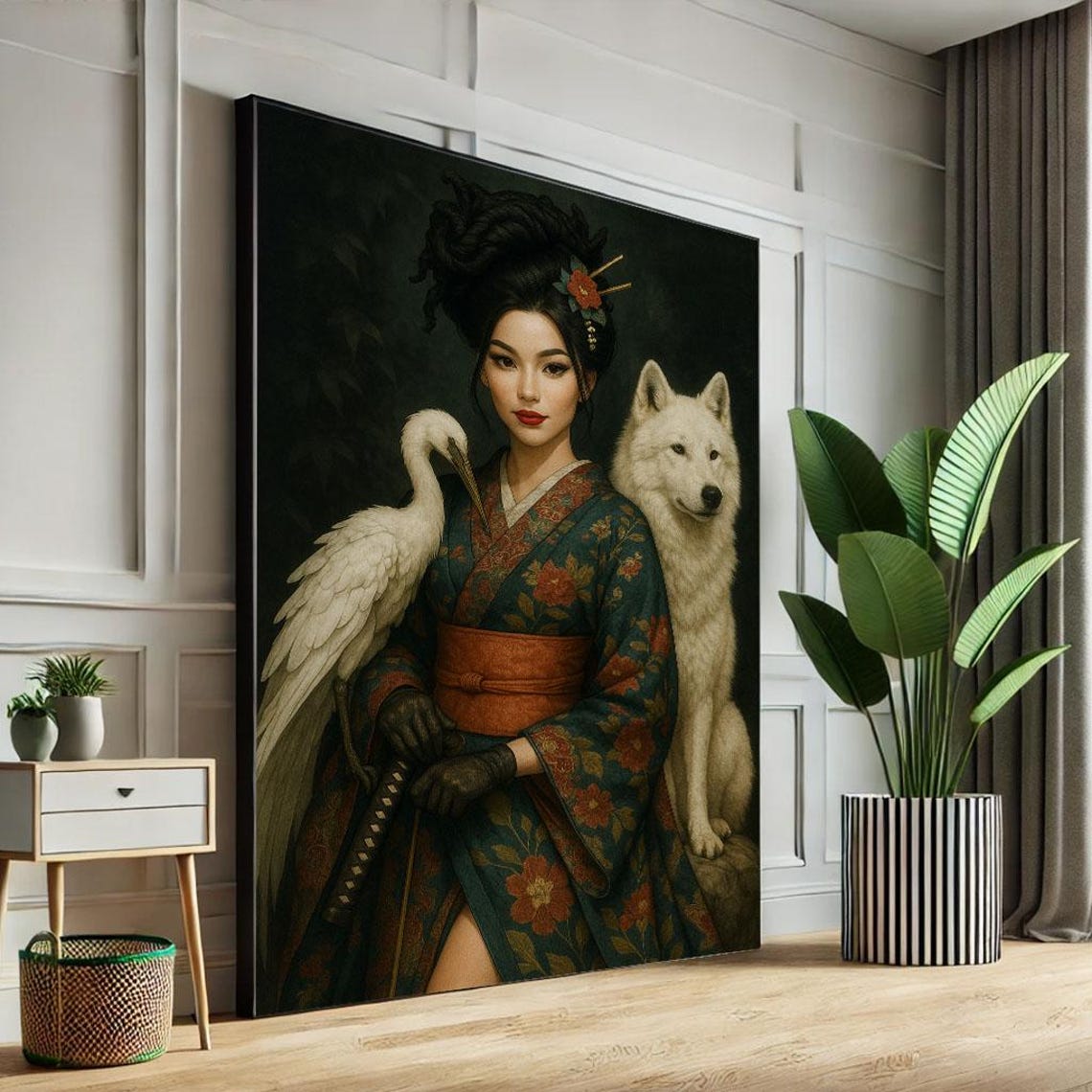 Japanese Warrior Woman With White Wolf and Heron Dark Regal Art Poster
