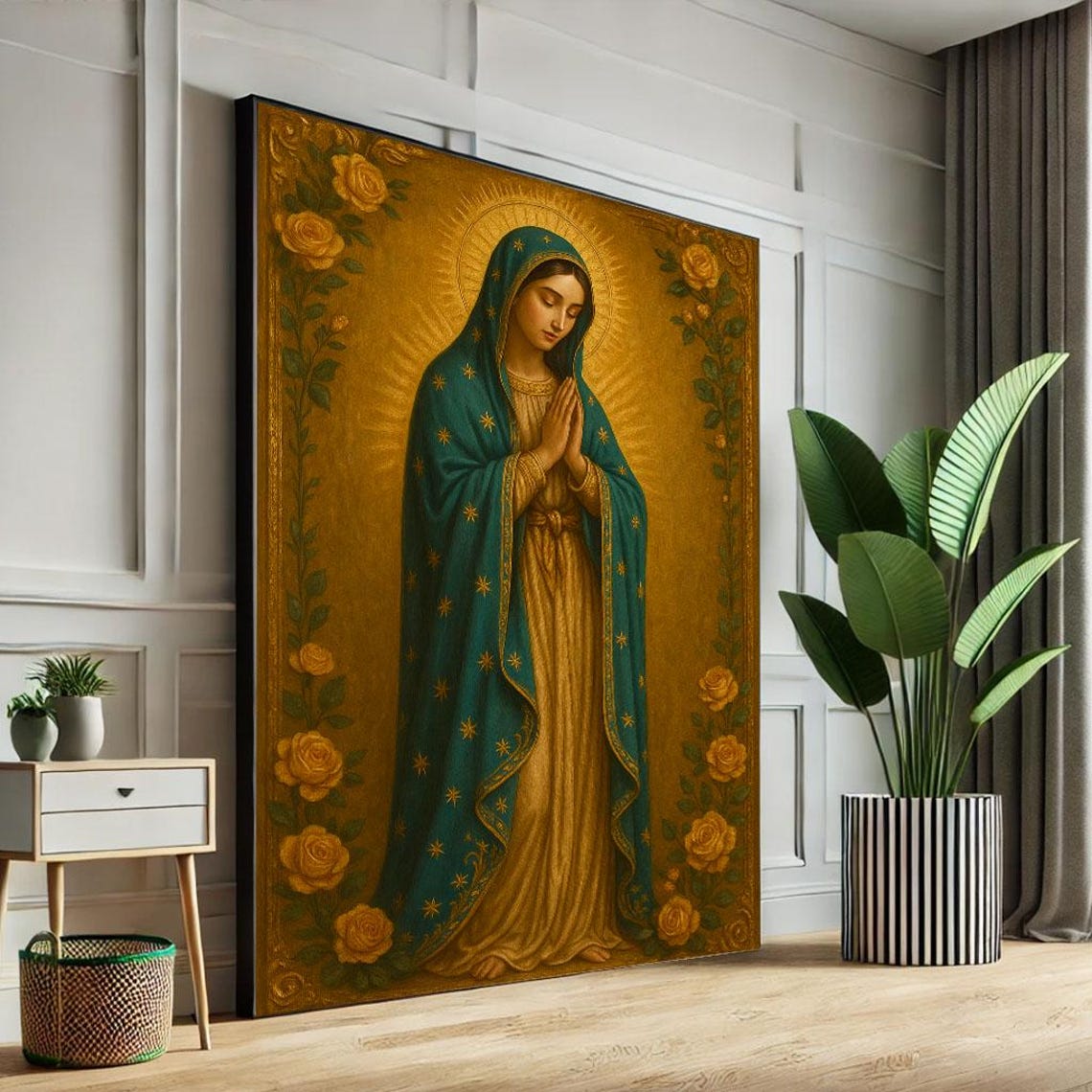 Our Lady Of Guadalupe Praying Golden Roses Catholic Devotion Poster
