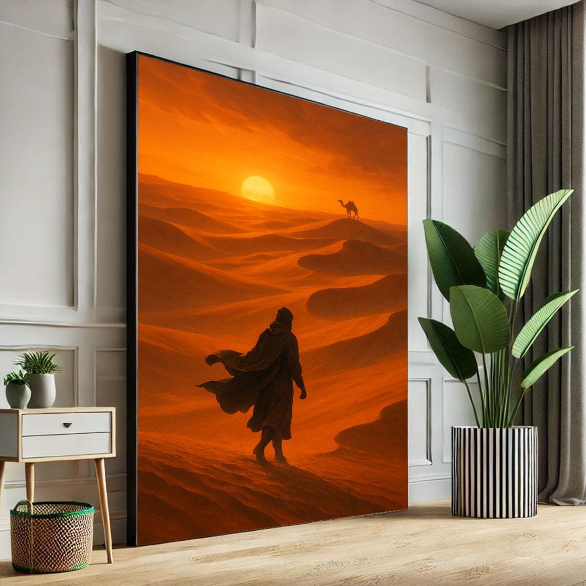 Desert Sunset Wanderer Silhouette Orange Dunes Warm Landscape Poster