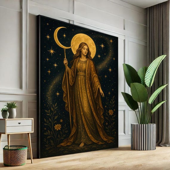 Mystical Moon Goddess Canvas Wall Art Print Celestial Living Room Decor Statement Piece