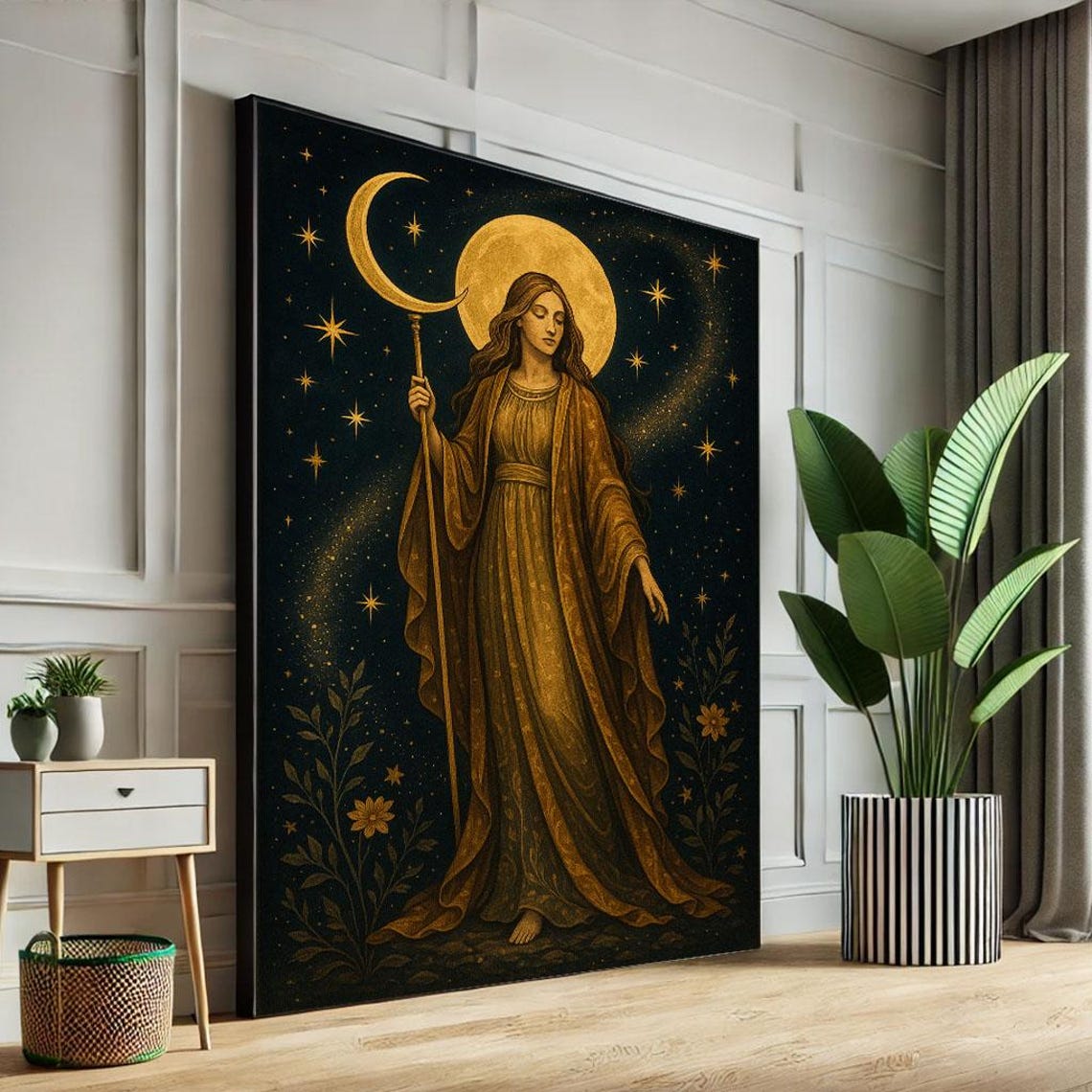 Golden Moon Goddess With Crescent Staff Starry Night Celestial Poster