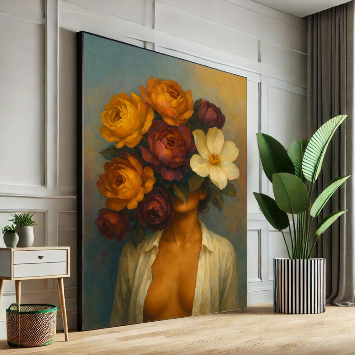 Surreal Woman With Rose Bouquet Face Vintage Floral Art Poster