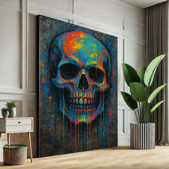 Vibrant Neon Skull Street Art Dripping Paint Urban Graffiti Poster