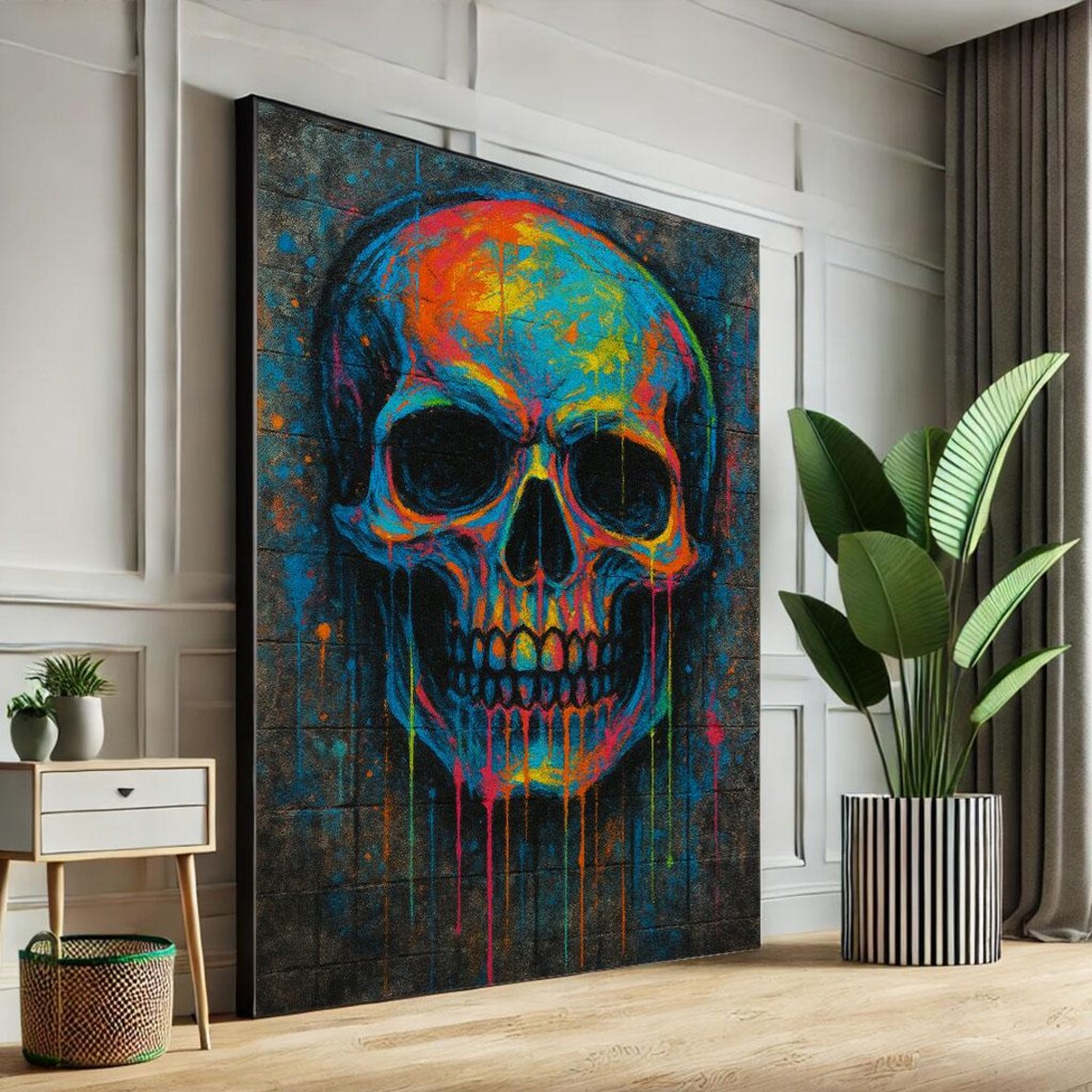 Vibrant Neon Skull Street Art Dripping Paint Urban Graffiti Poster