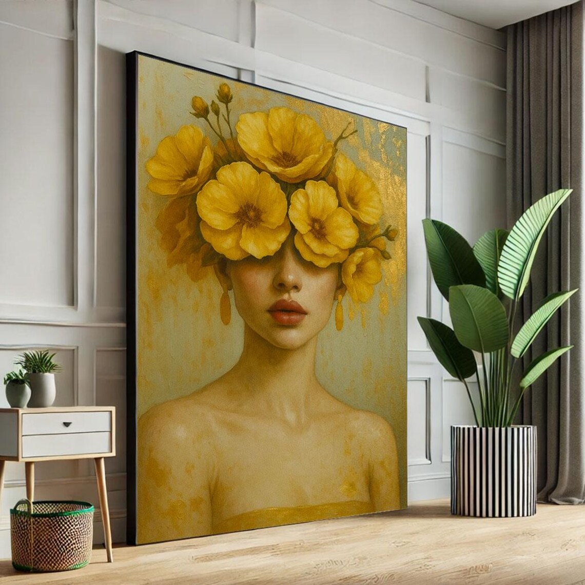 Elegant Woman Yellow Flower Blindfold Golden Floral Art Poster