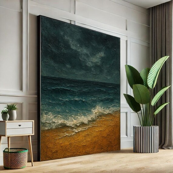 Moody Ocean Waves Textured Blue and Golden Sand Beach Poster
