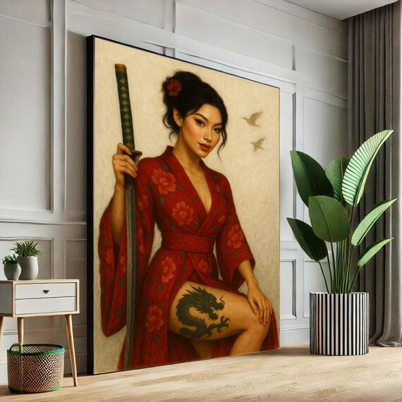 Graceful Samurai Woman Red Floral Kimono Katana Sword Poster