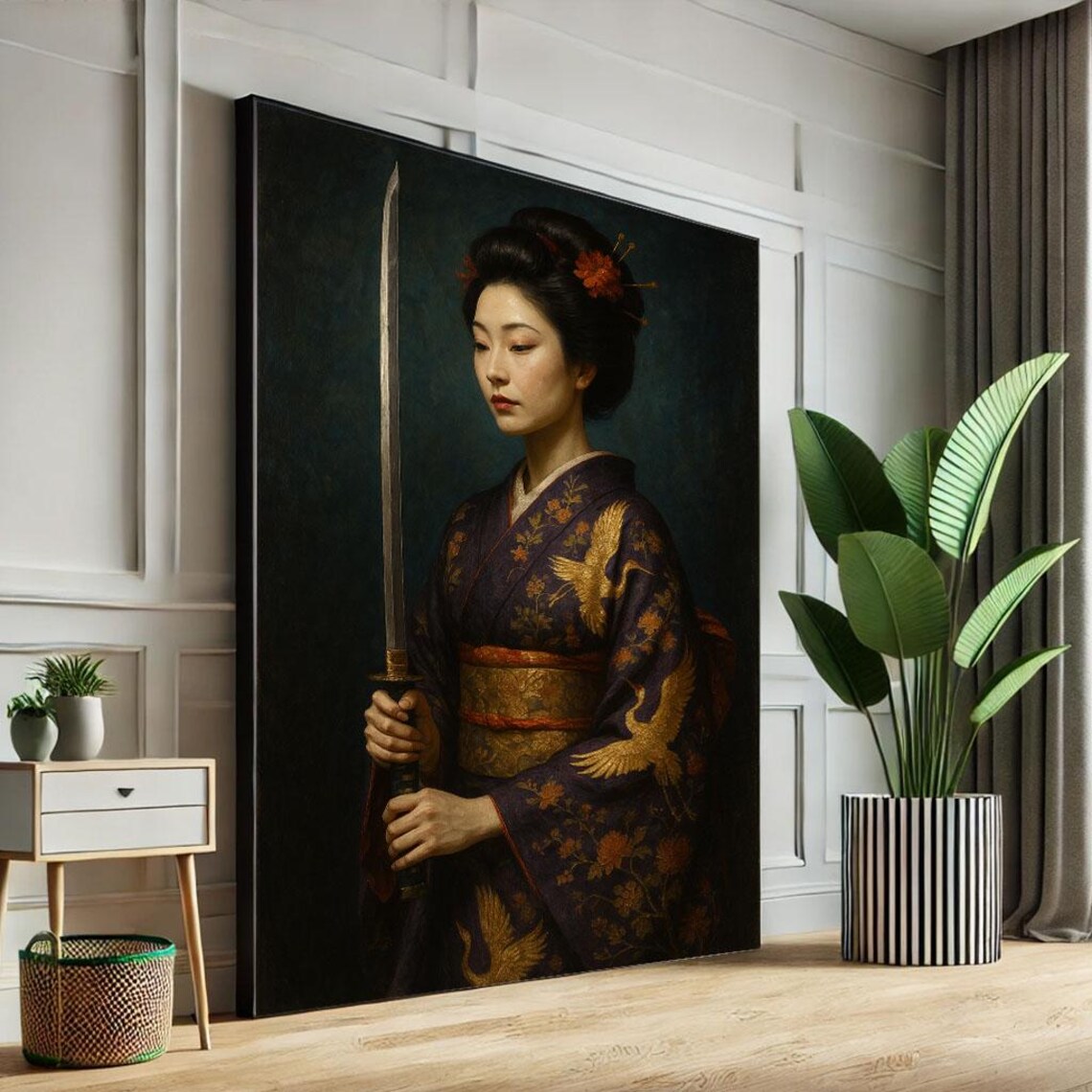 Mysterious Woman in Dark Crane Kimono Holding Katana Art Poster