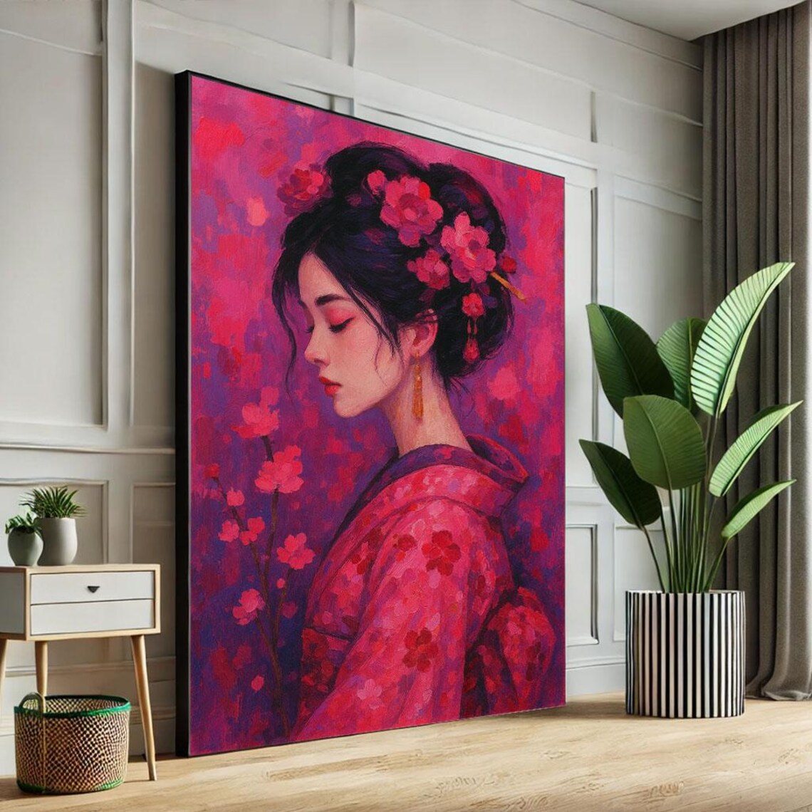 Romantic Japanese Woman In Pink Kimono Cherry Blossoms Poster
