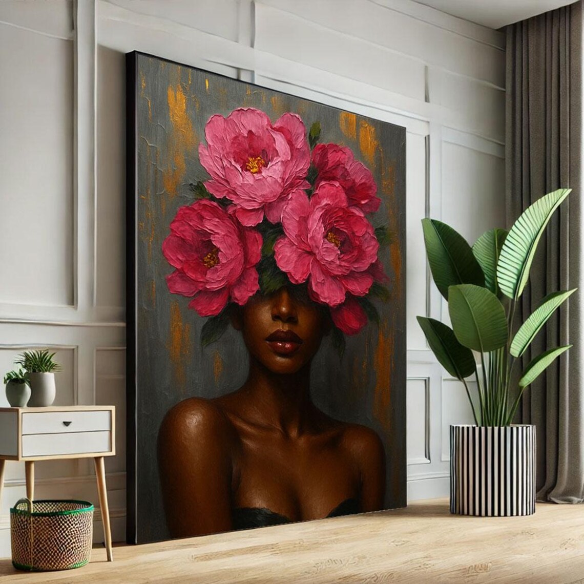 Glamorous Surreal Black Woman With Pink Peony Bouquet Head Poster