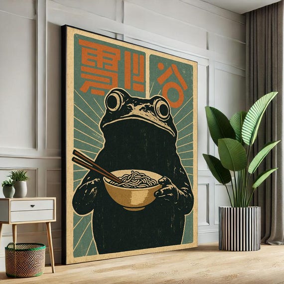 Quirky Frog Eating Noodles Retro Canvas Wall Art Print Bold Living Room Decor Statement Piece