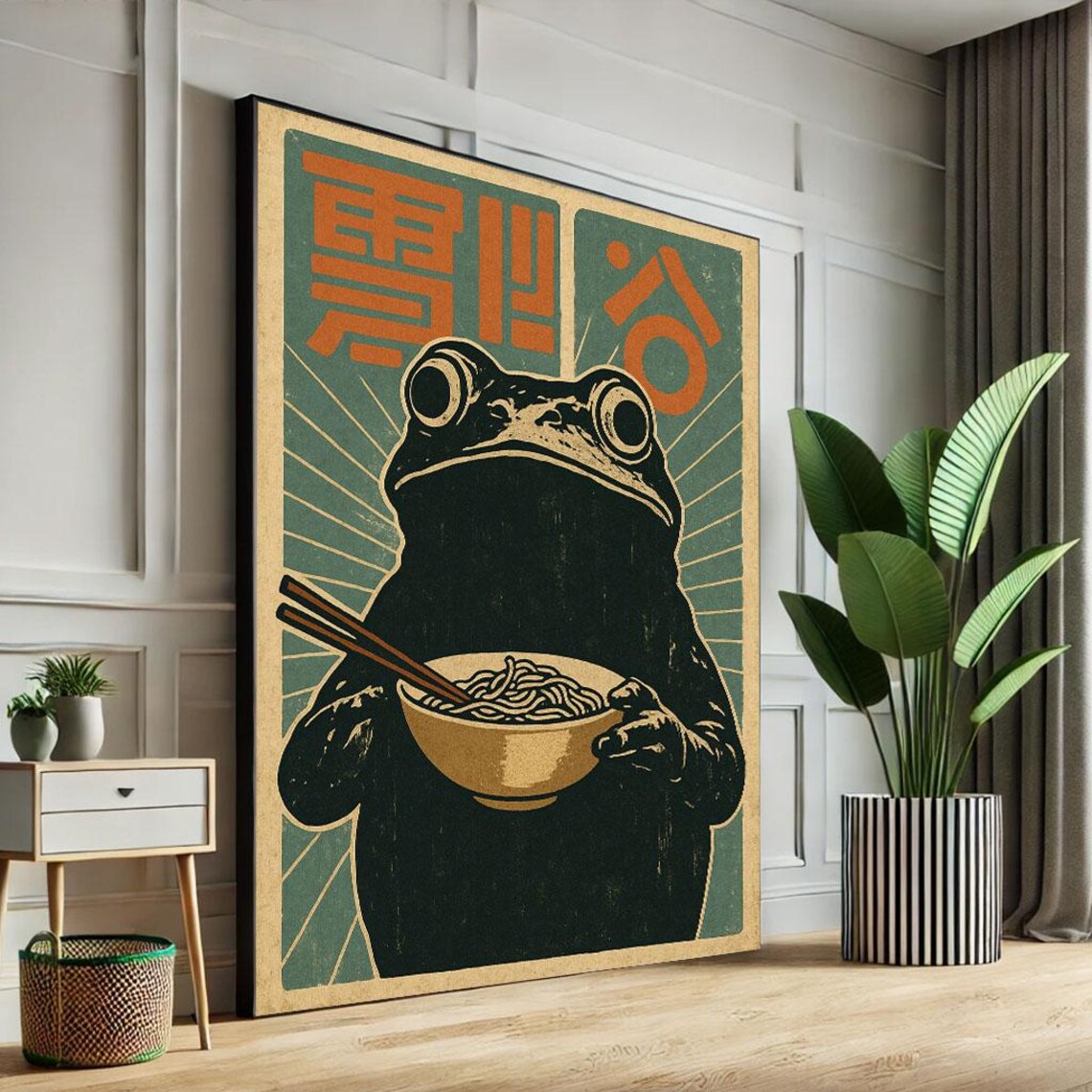 Quirky Frog Eating Noodles Retro Japanese Kanji Pop Art Poster