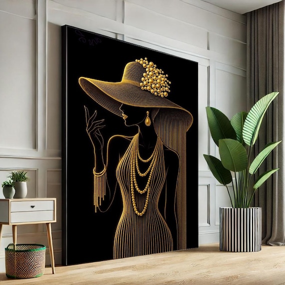 Elegant Woman In Gold Line Art Hat Wide Brim Black Modern Poster