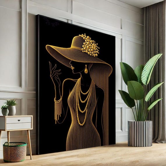 Elegant Woman In Hat Canvas Wall Art Print Modern Black And Gold Living Room Decor Statement Piece