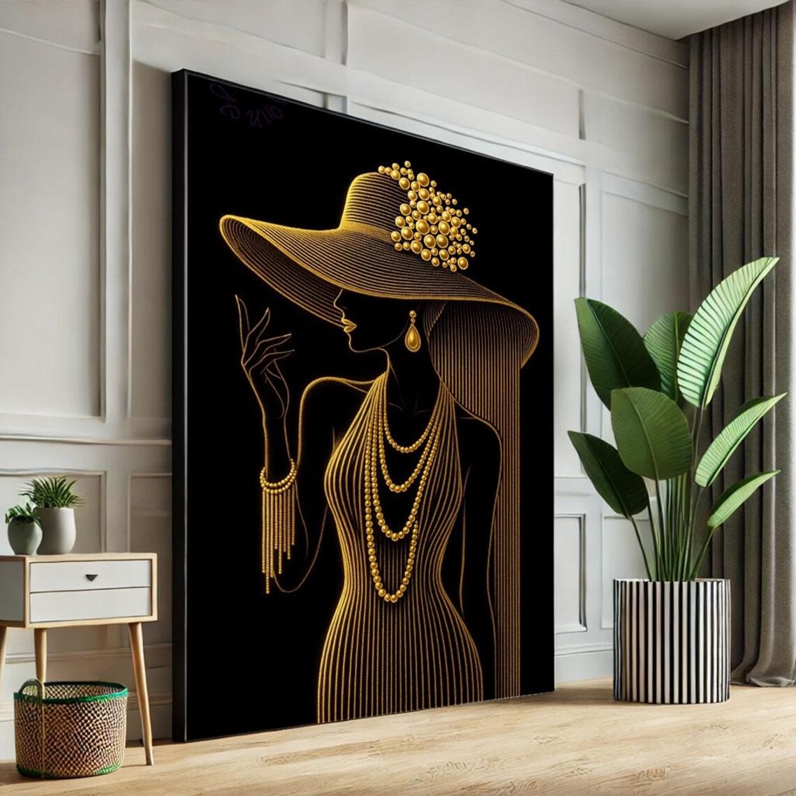 Elegant Woman In Gold Line Art Hat Wide Brim Black Modern Poster