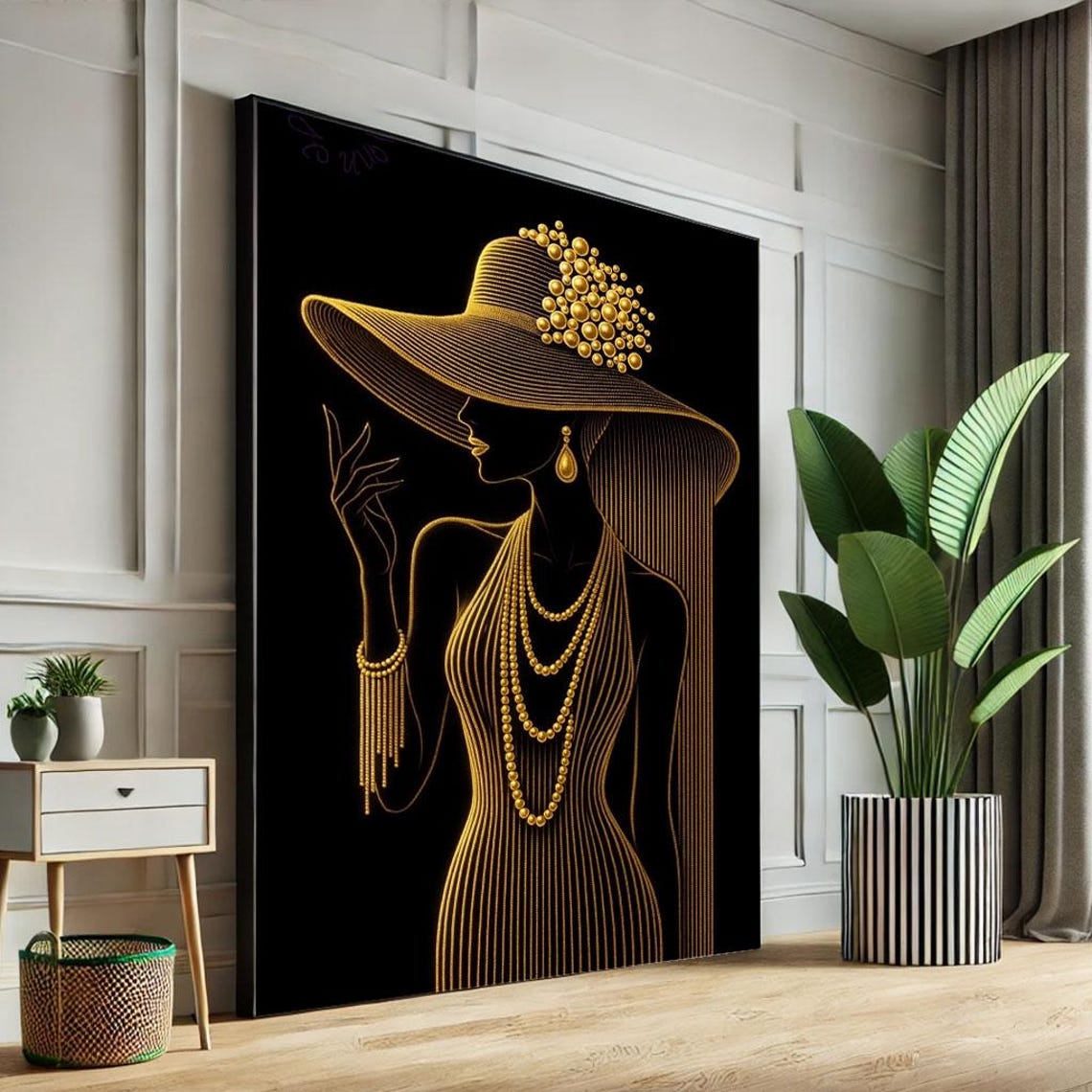 Elegant Woman In Hat Canvas Wall Art Print Modern Black And Gold Living Room Decor Statement Piece