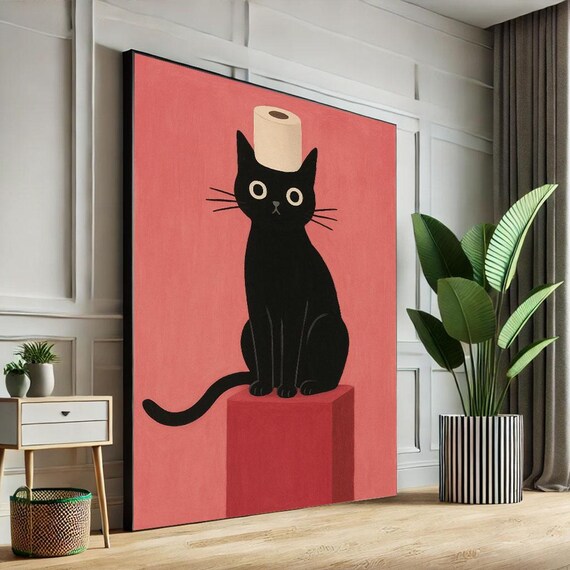 Quirky Black Cat Toilet Paper Hat Pink Funny Minimalist Poster