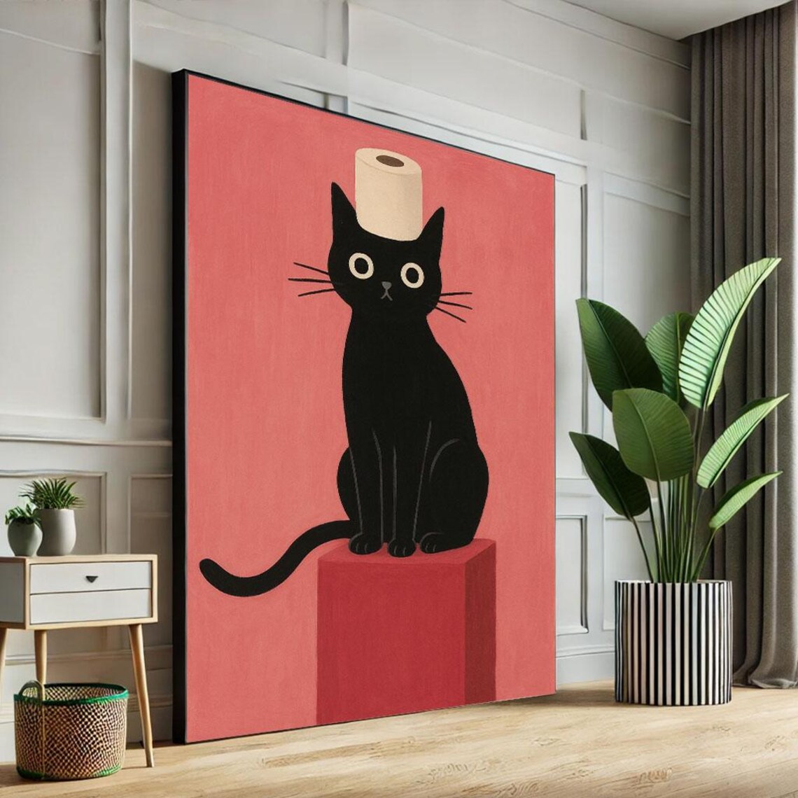 Quirky Black Cat Toilet Paper Hat Pink Funny Minimalist Poster