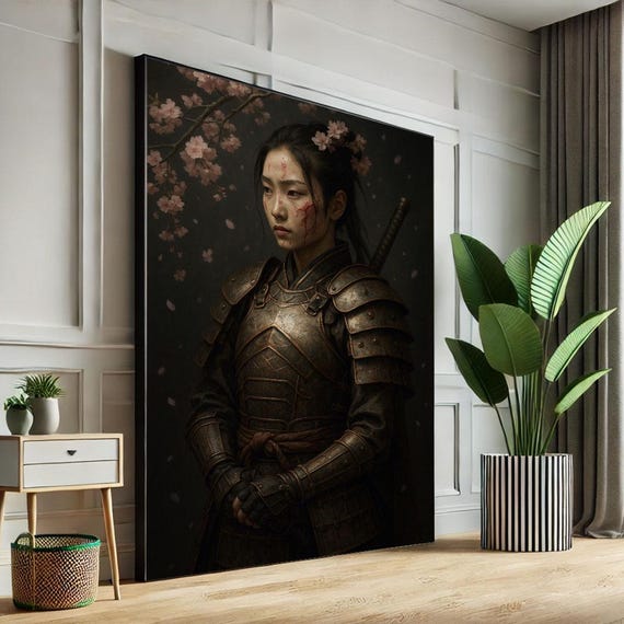 Samurai Woman With Cherry Blossoms Canvas Wall Art Print Vintage Living Room Decor Statement Piece