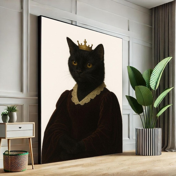 Black Cat Queen Crown Red Velvet Gown Baroque Portrait Wall Art