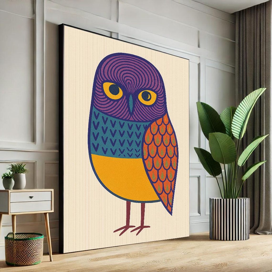 Colorful Owl Illustration Canvas Wall Art Print Modern Abstract Living Room Decor Statement Piece