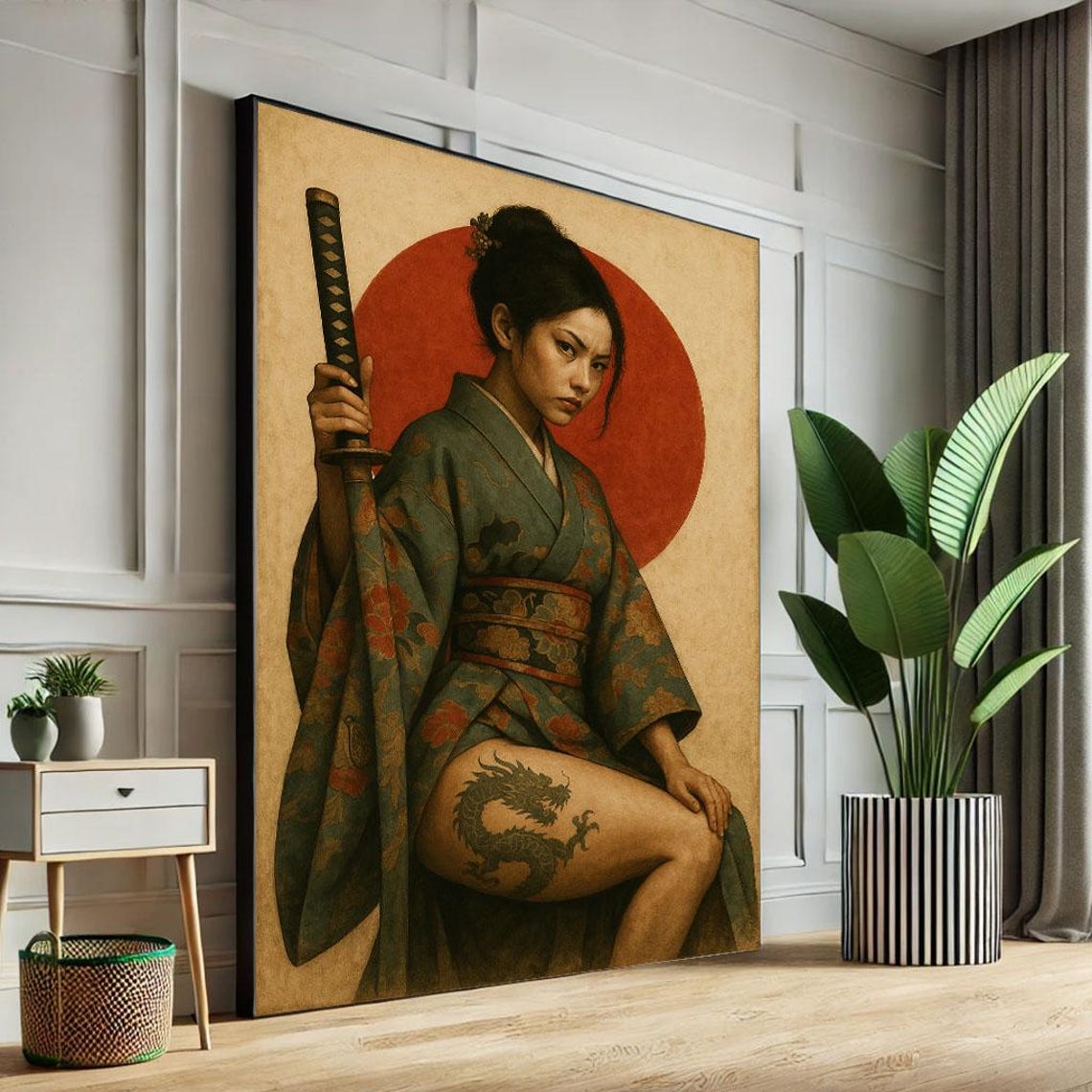 Elegant Samurai Woman in Floral Kimono With Katana Sun Poster