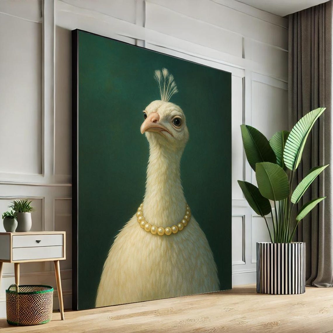 Elegant White Peacock in Pearl Necklace Funny Bird Portrait Poster