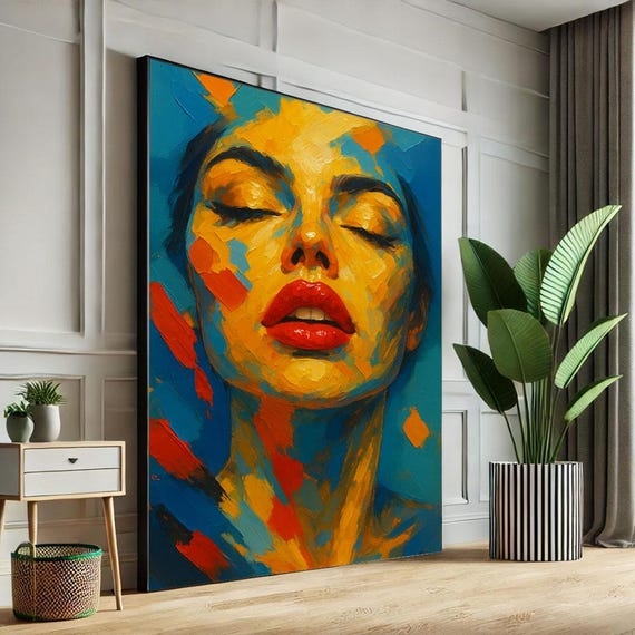 Vibrant Abstract Woman Portrait Canvas Wall Art Print Bold Living Room Decor Statement Piece