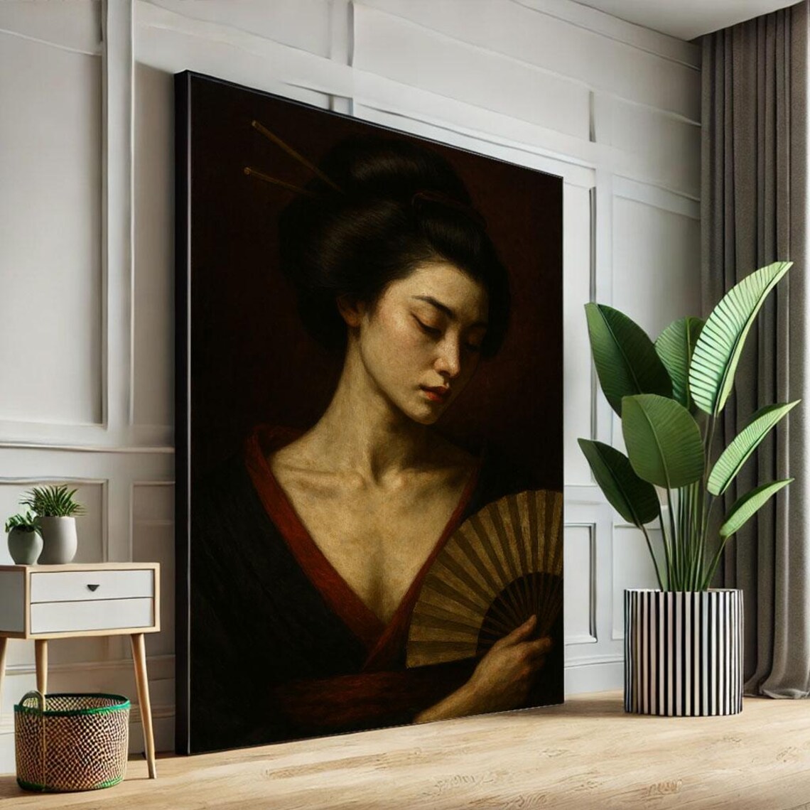 Geisha With Fan Dark Oil Painting Moody Japanese Portrait Art Poster