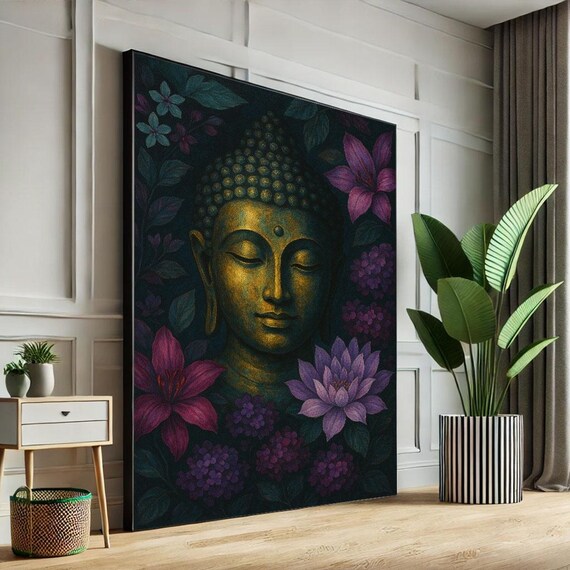 Golden Buddha Face Magenta Lilies Dark Botanical Zen Meditation Poster