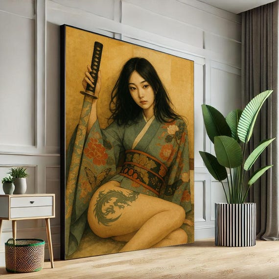 Bold Japanese Samurai Woman Canvas Wall Art Print Traditional Oriental Living Room Decor Statement Piece