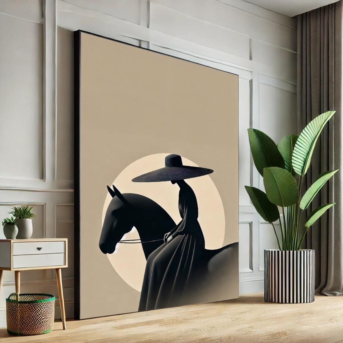 Elegant Horse Rider With Wide Dark Hat Beige Minimalist Art Poster