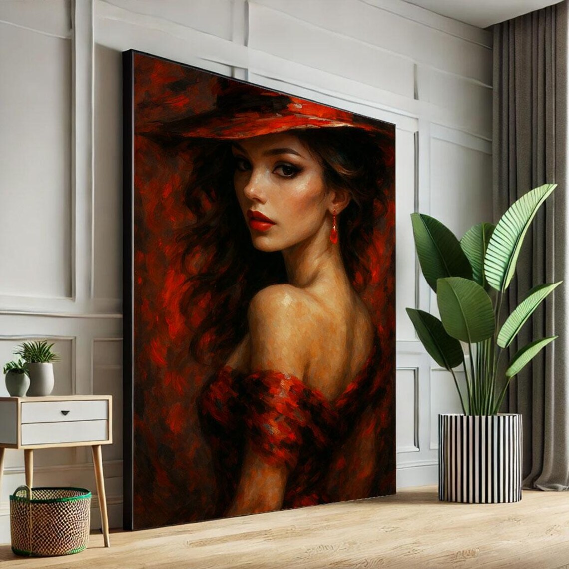 Elegant Woman Red Hat Romantic Red Dress Oil Painting Poster