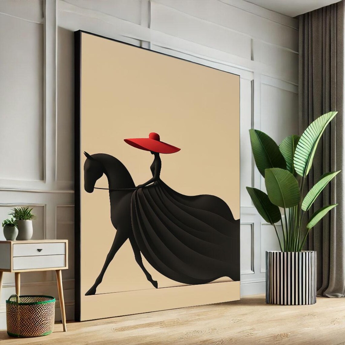 Woman In Red Hat Riding Horse Black Silhouette Elegant Art Poster