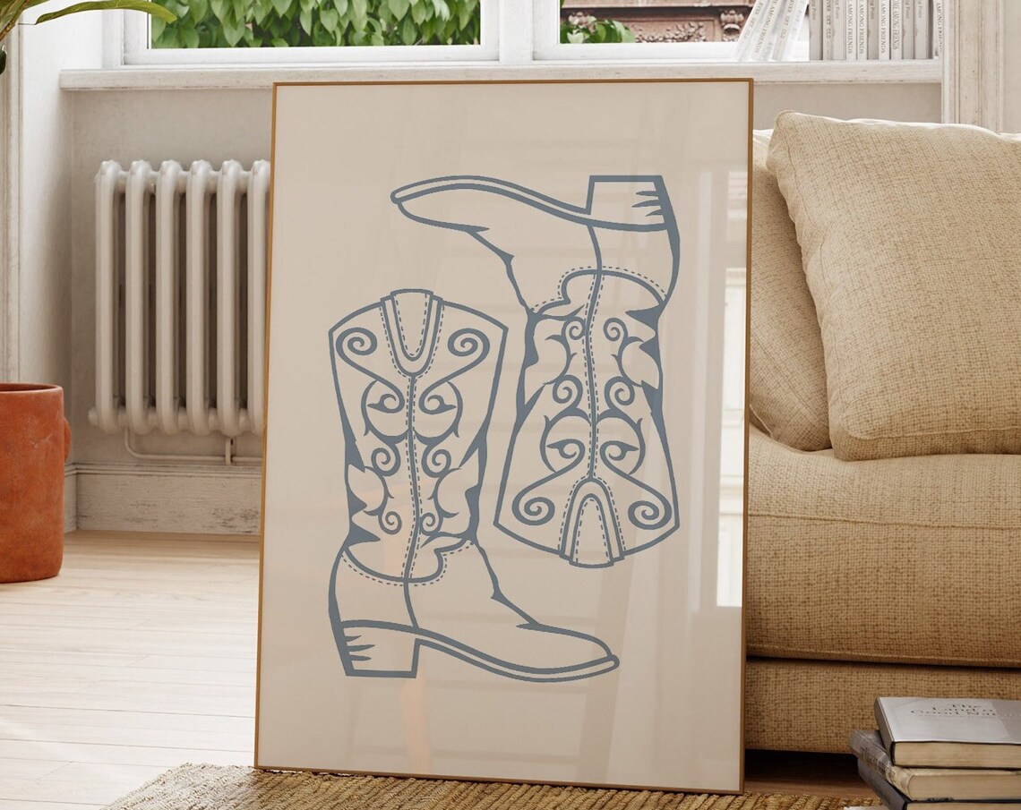 Blue Line Art Cowboy Boots Pair Western Minimalist Decor Poster