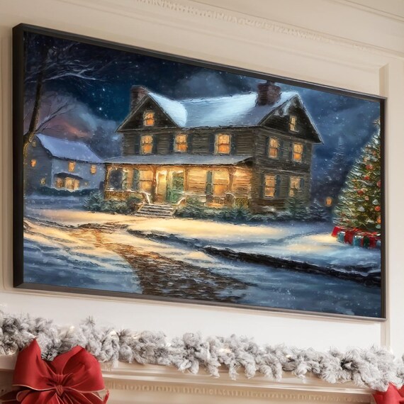 Christmas Eve Snowy Farmhouse at Night Cozy Winter Holiday Poster