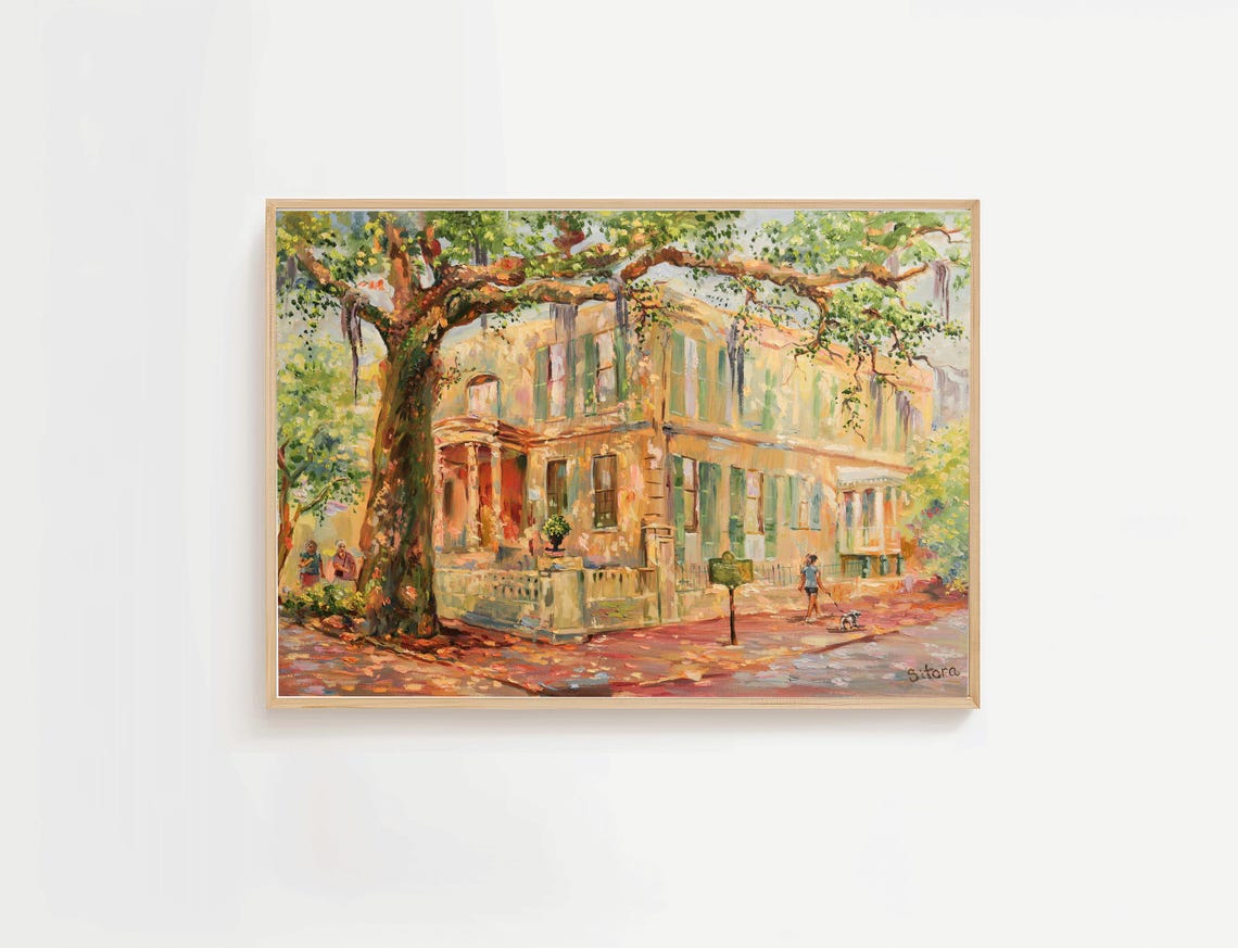 Historic Savannah Mansion Under Ancient Oak Tree Painting Poster