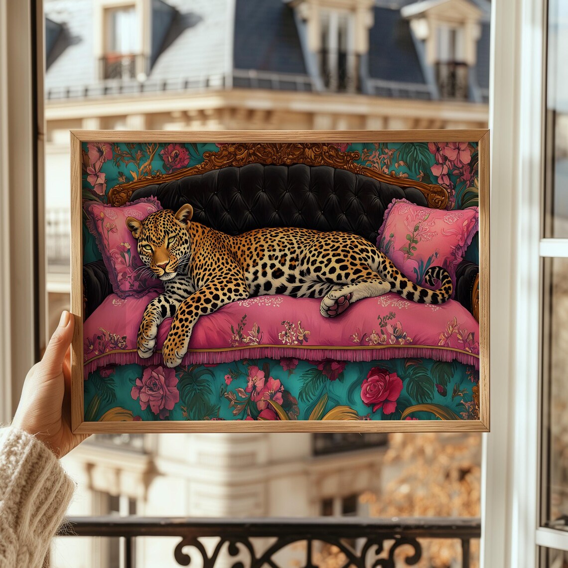 Leopard Reclining Pink Floral Settee Boho Maximalist Decor Poster