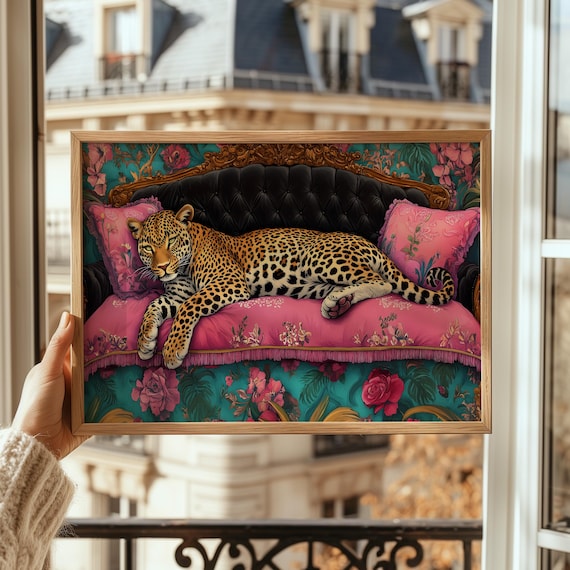 Leopard Reclining Pink Floral Settee Boho Maximalist Decor Poster