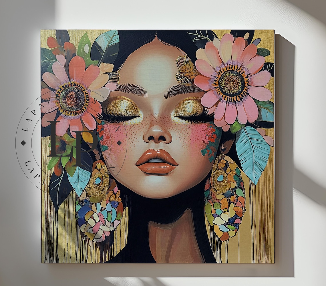 Woman Face Gold Eyeshadow Floral Crown Modern Boho Female Poster - Image 5
