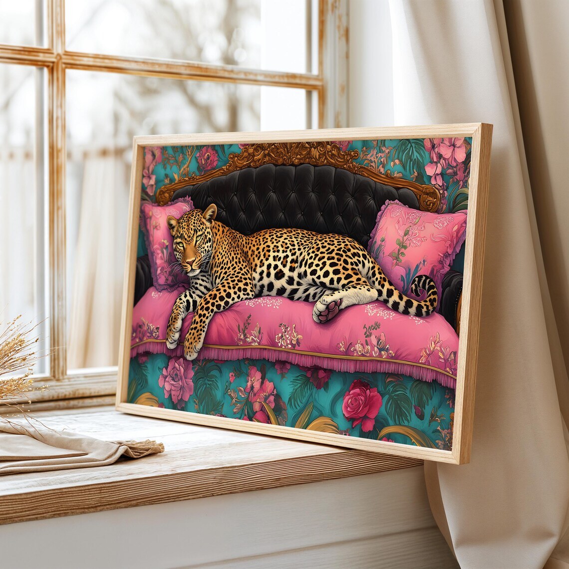Leopard Reclining Pink Floral Settee Boho Maximalist Decor Poster - Image 4
