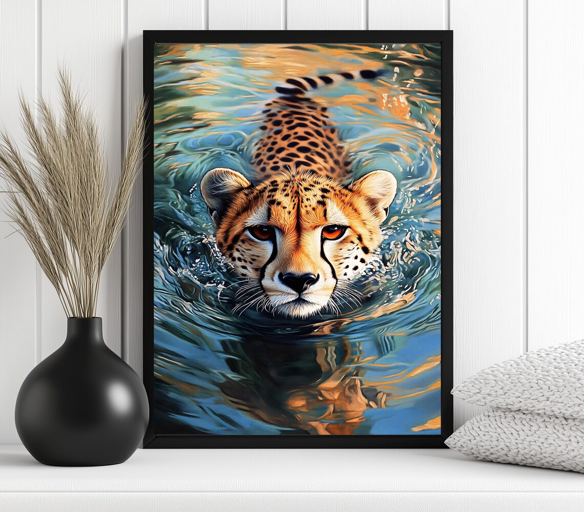 Cheetah Swimming, Maximalist Bathroom Art