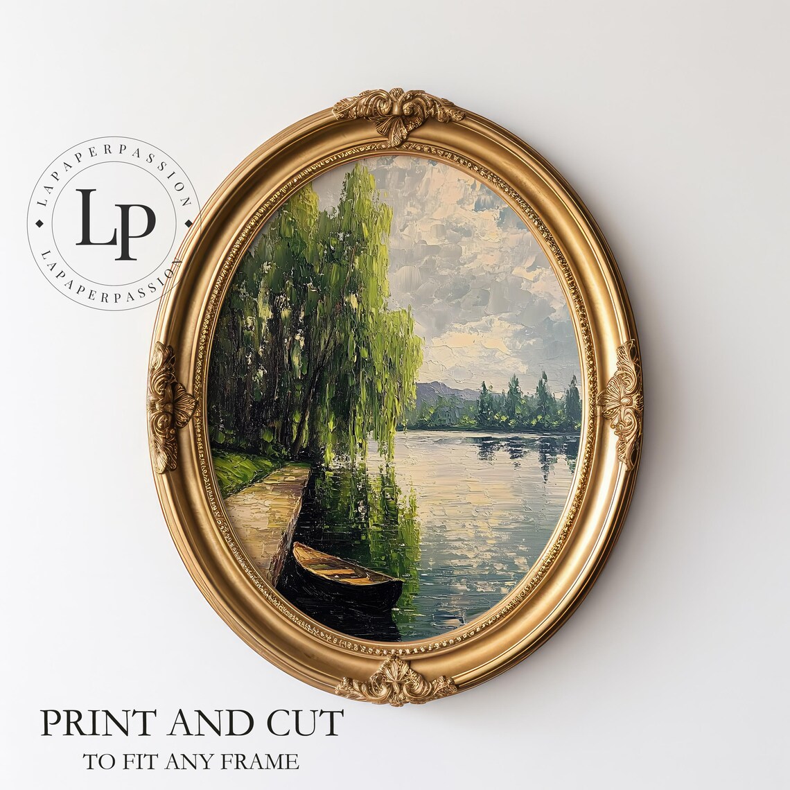 Weeping Willow Oil Painting by Calm Lake with Rowboat Poster - Image 3