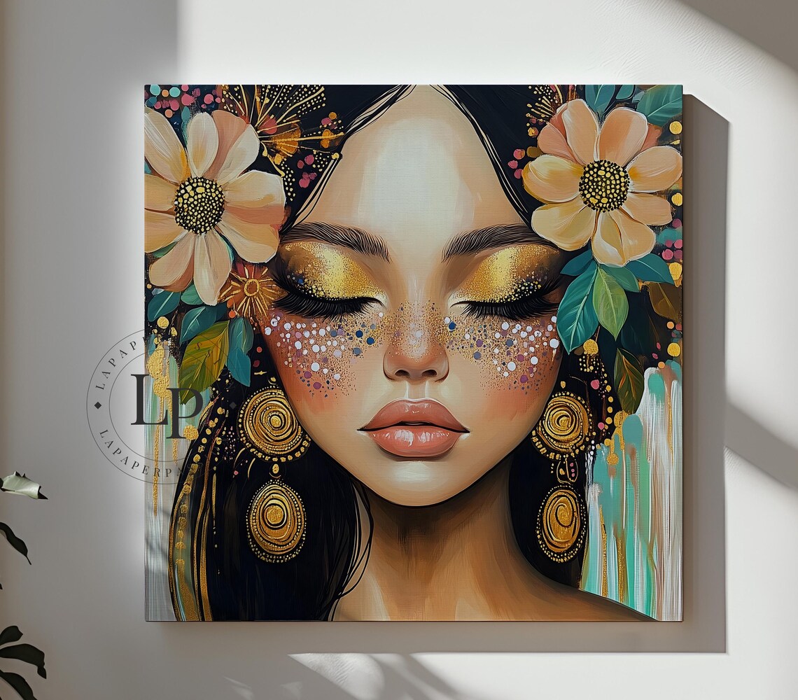 Woman Face Gold Eyeshadow Floral Crown Modern Boho Female Poster - Image 3