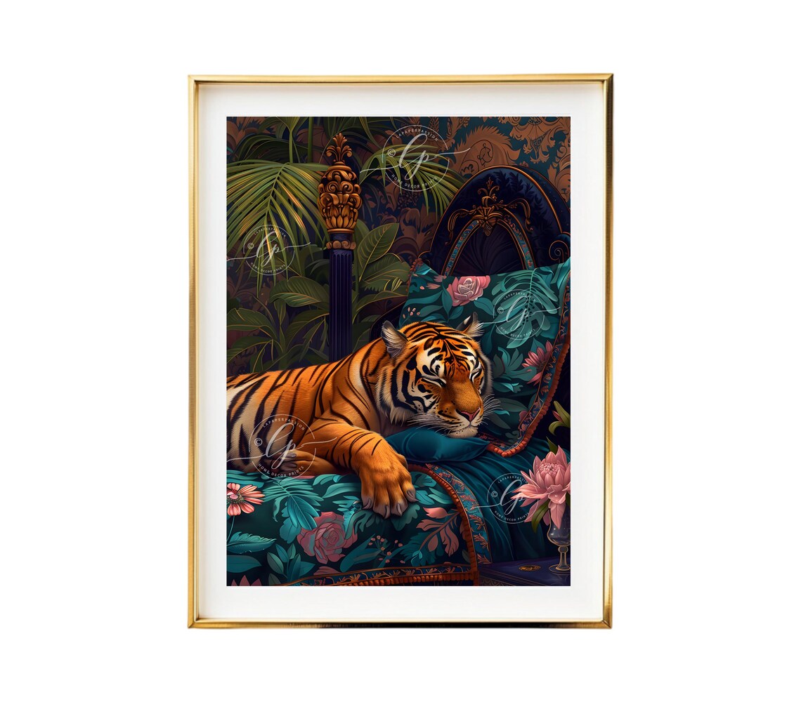 Sleeping Tiger Vintage Bed Teal Floral Bedding Jungle Wall Art - Image 4