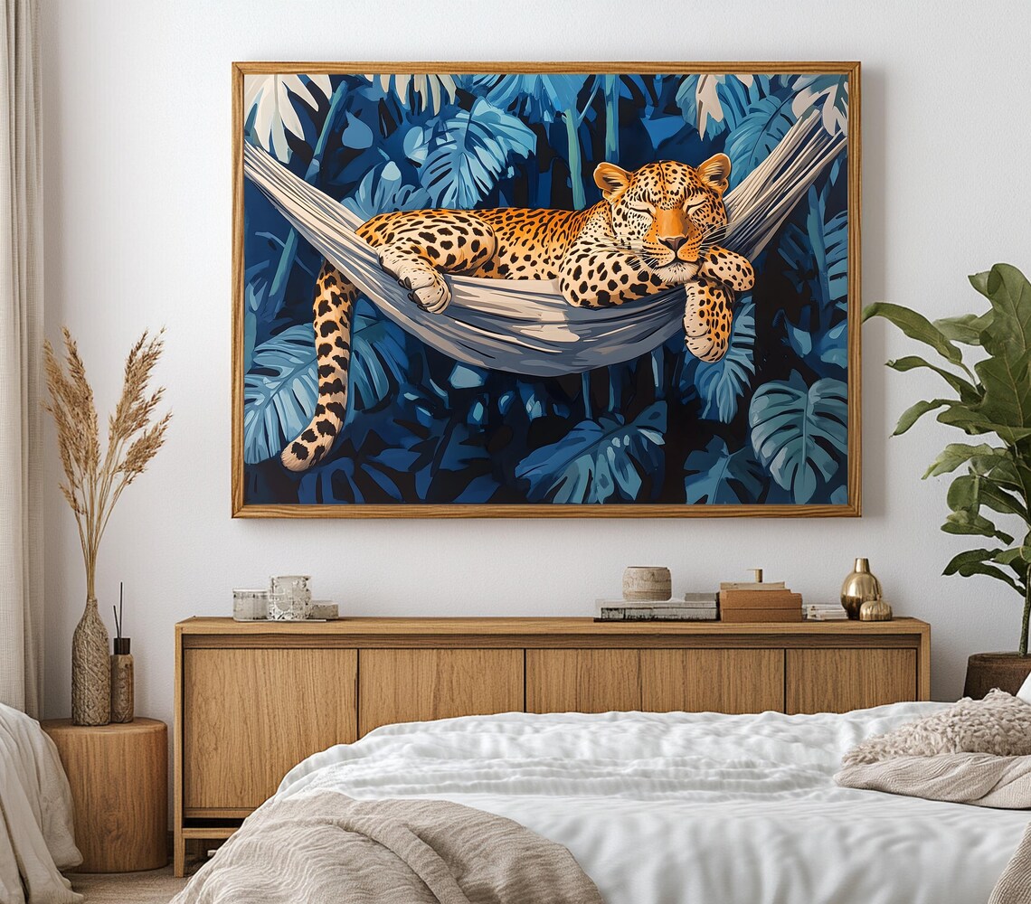 Sleeping Leopard Hammock Blue Jungle Tropical Bold Animal Poster - Image 3