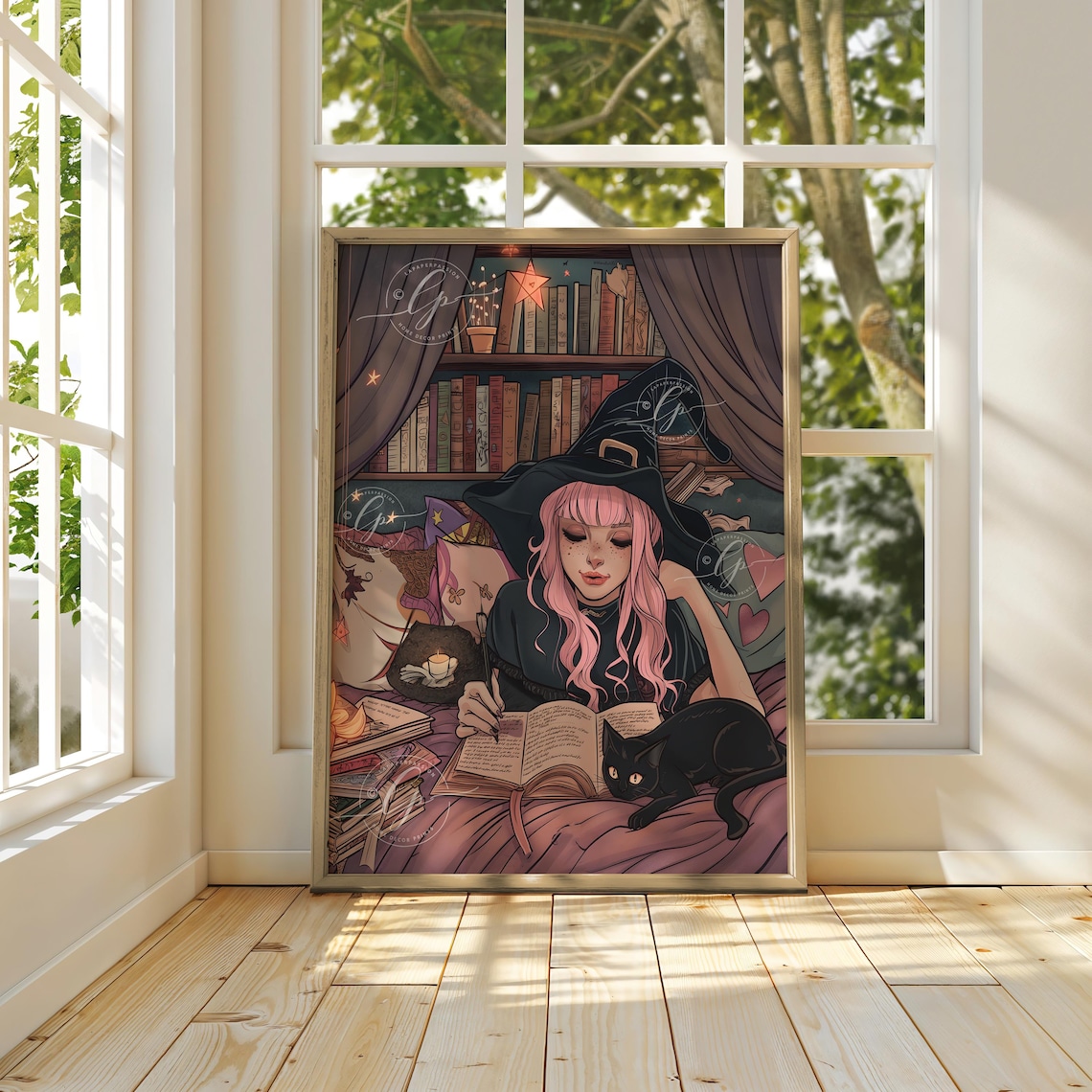 Pink Haired Teen Witch Reading With Black Cat Cozy Halloween Poster