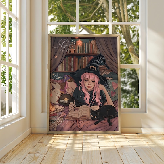 Pink Haired Teen Witch Reading With Black Cat Cozy Halloween Poster